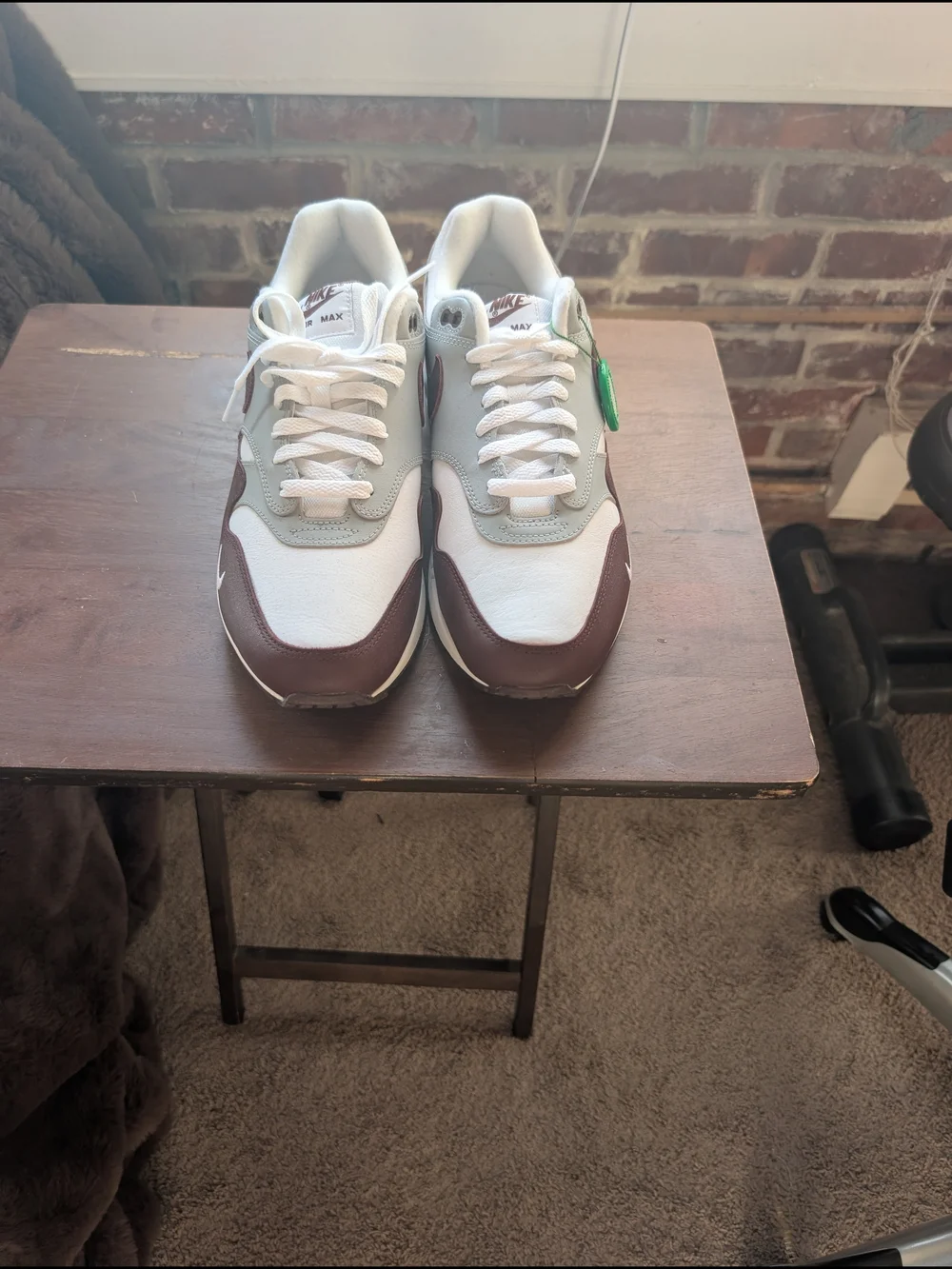 Nike Air Max 1 Sneakers in White, Gray, and Maroon